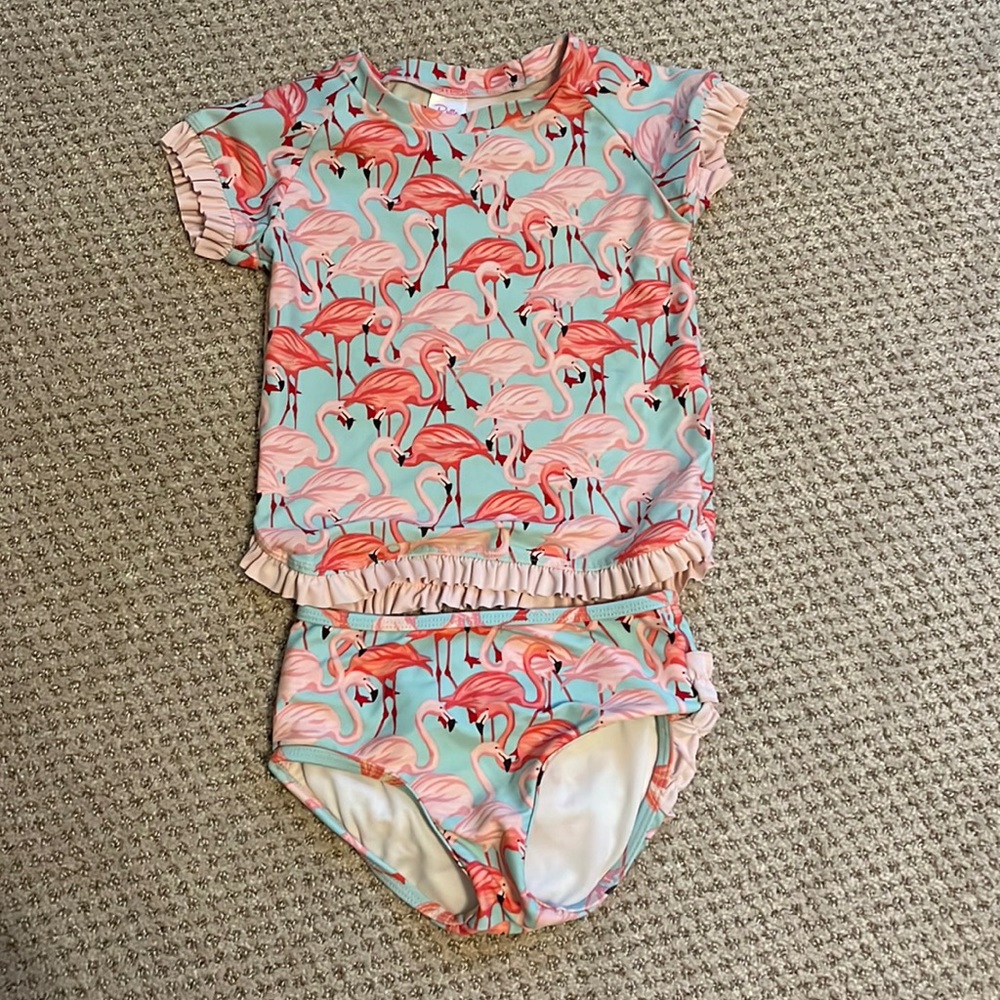 Ruffle Butts short sleeve rash guard flamingo bikini size 4T